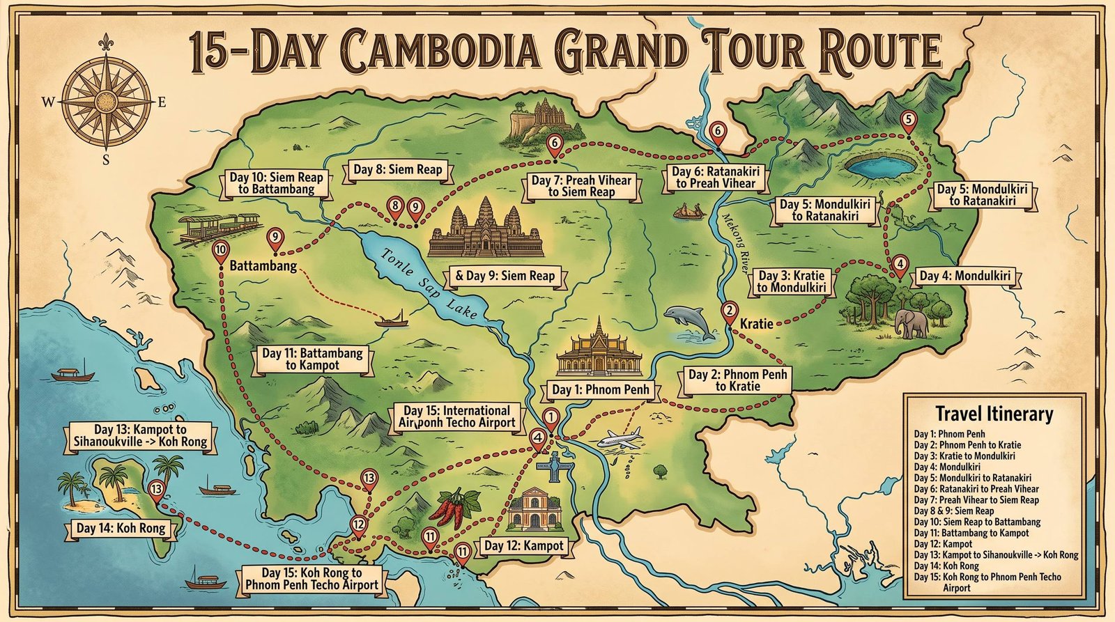 15-day Cambodia Grand Tour Route map — Phnom Penh, Kratie, Mondulkiri, Ratanakiri, Preah Vihear, Siem Reap, Battambang, Kampot, Koh Rong