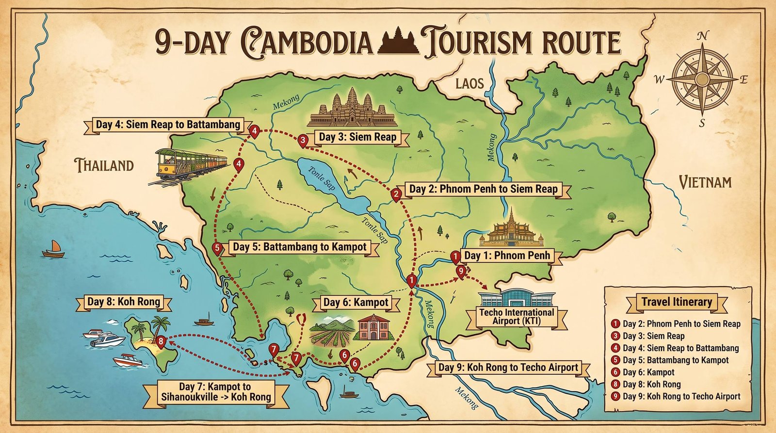 9-day Cambodia Tourism Route map — Phnom Penh, Siem Reap, Battambang, Kampot, Sihanoukville, Koh Rong