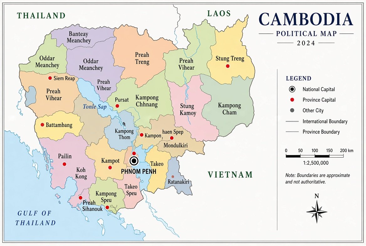 Map of Cambodia showing provinces, cities and features