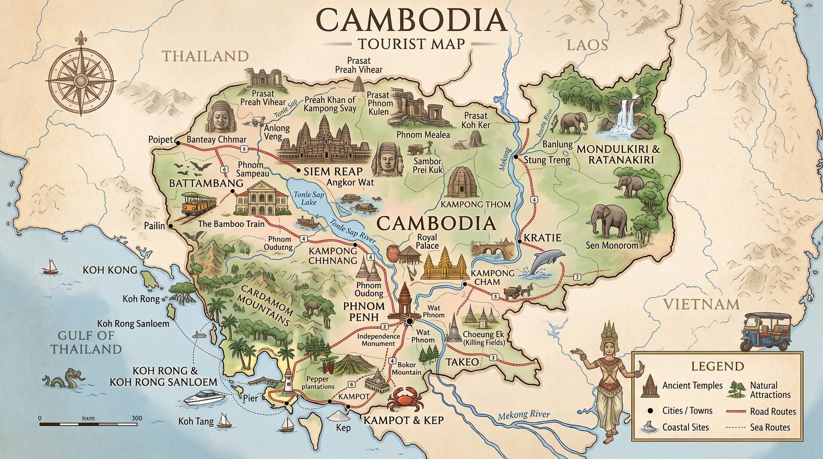 Cambodia Tourist Map — temples, cities, islands and road routes. Tap to explore destinations.