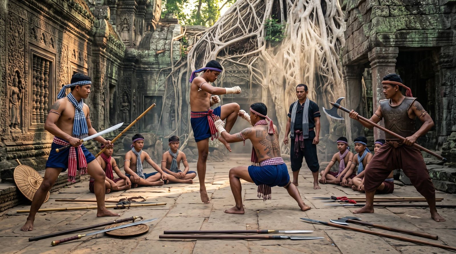 Cambodian martial arts training – Kun Khmer and traditional weapons at an ancient temple site